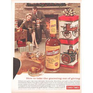 1961 Early Times Kentucky Bourbon Vintage Print Ad Fireplace Christmas Party 60s